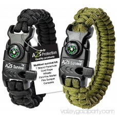 A2S Protection Paracord Bracelet K2-Peak - Survival Gear Kit with Embedded Compass, Fire Starter, Emergency Knife & Whistle Black / Black Adjustable size